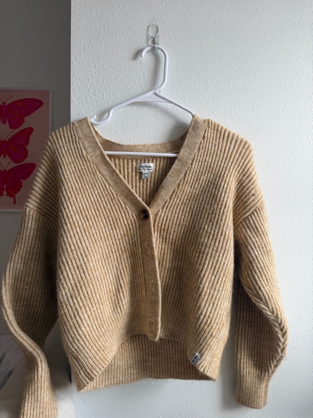 Rhythm Brand Tan Ribbed V-Neck Wool Blend Sweater